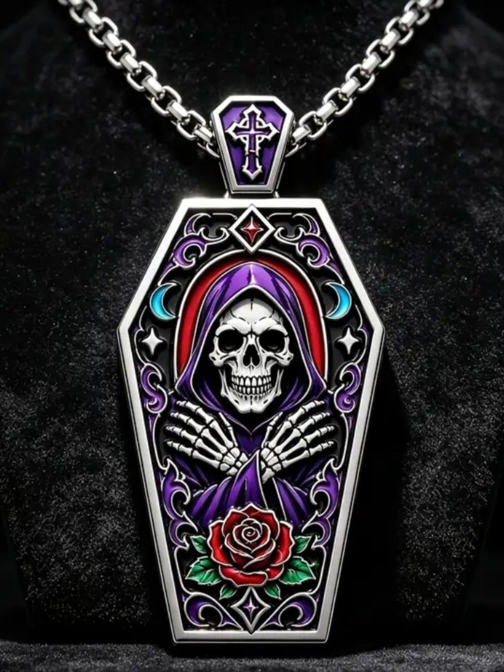 Gothic Coffin Pendant Necklace with Purple Hooded Skull and Red Rose